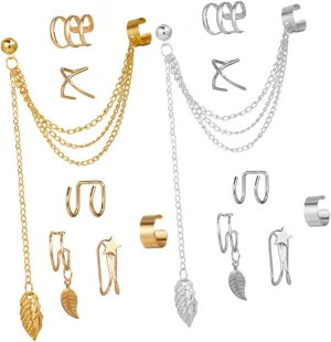 Homoyoyo Chic Alloy Ear Cuff Earrings Non-piercing Helix Earrings Women's Ear Wraps Clip-on Fashionable Leaf Drop Earring Set
