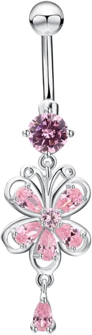 Hoop Belly Button Rings for Women, Navel Rings Hypoallergenic Cubic Zirconia Pink Silver Surgical Steel Butterfly Pink 3.66G for Women Jewelry