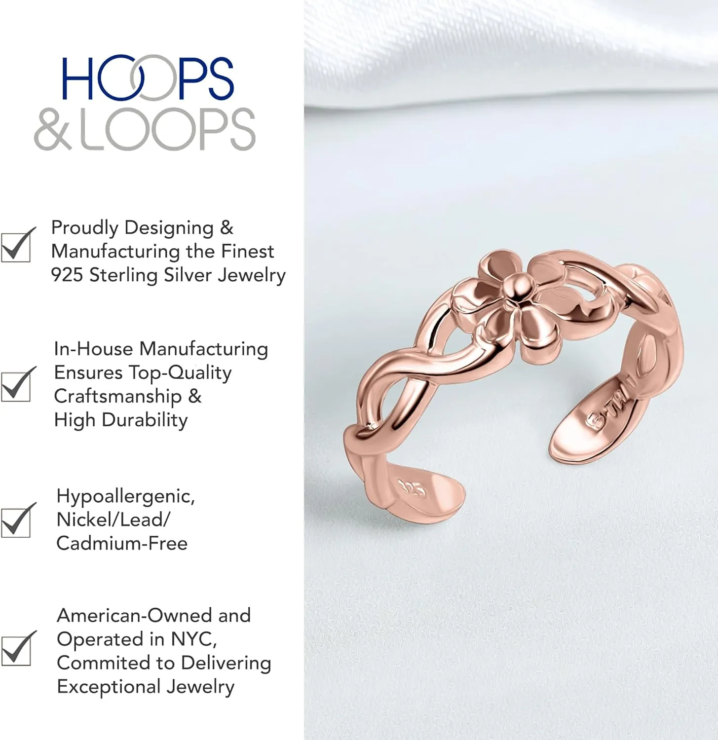 Hoops & Loops 925 Sterling Silver Braided Daisy Flower Open Toe Ring for Women Men