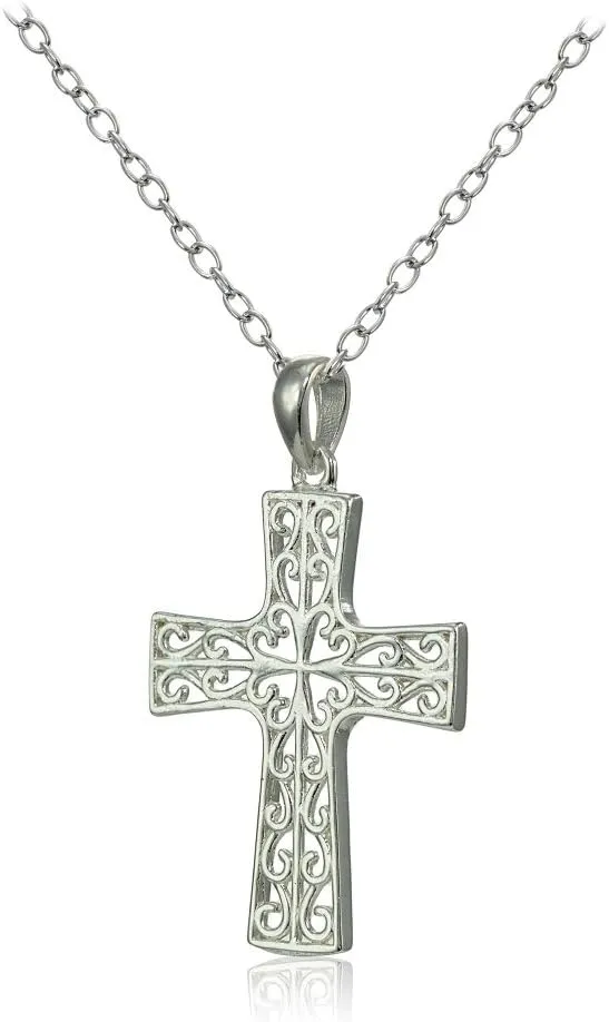 Hoops & Loops Sterling Silver High Polished Filigree Cross Necklace