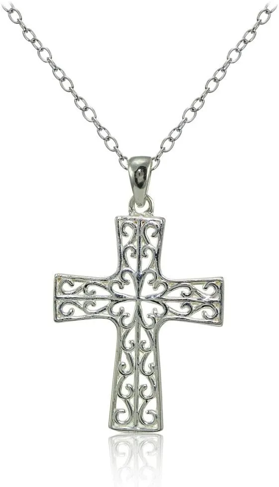Hoops & Loops Sterling Silver High Polished Filigree Cross Necklace