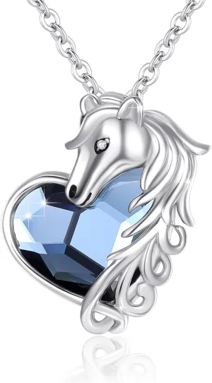 Horse Crystal Necklace Sterling Silver Animal Heart Necklaces with Blue Crystal Fashion Jewelry Valentine's Day Mother's Day Birthday Graduation Christmas Gift for Women