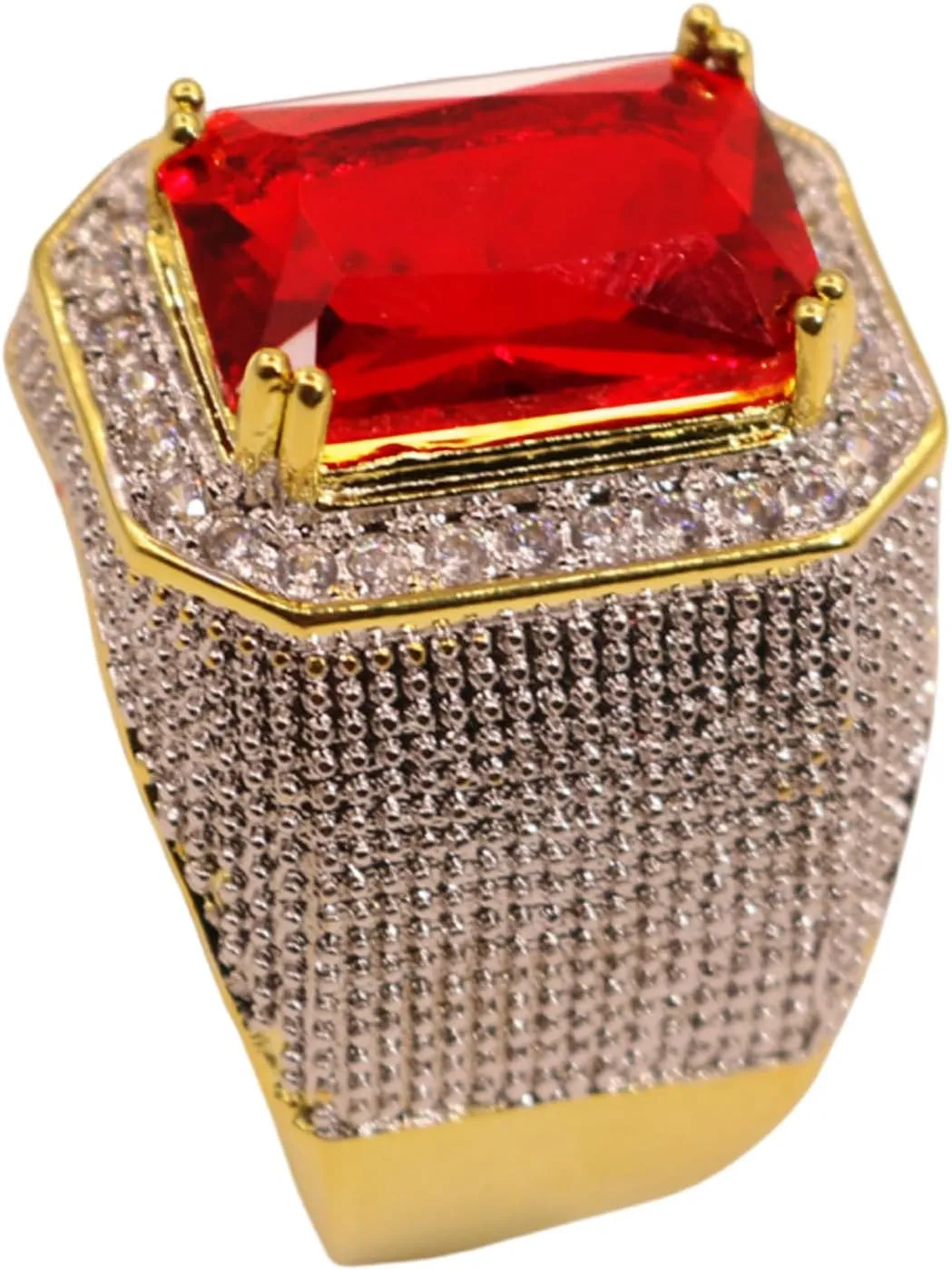 HSQYJ 14k Gold Rectangle Red Cubic Zirconia Anniversary Promise Cocktail Rings Luxury Crystal Zircon Wedding Statement Ring Fashion Jewelry for Men Gifts