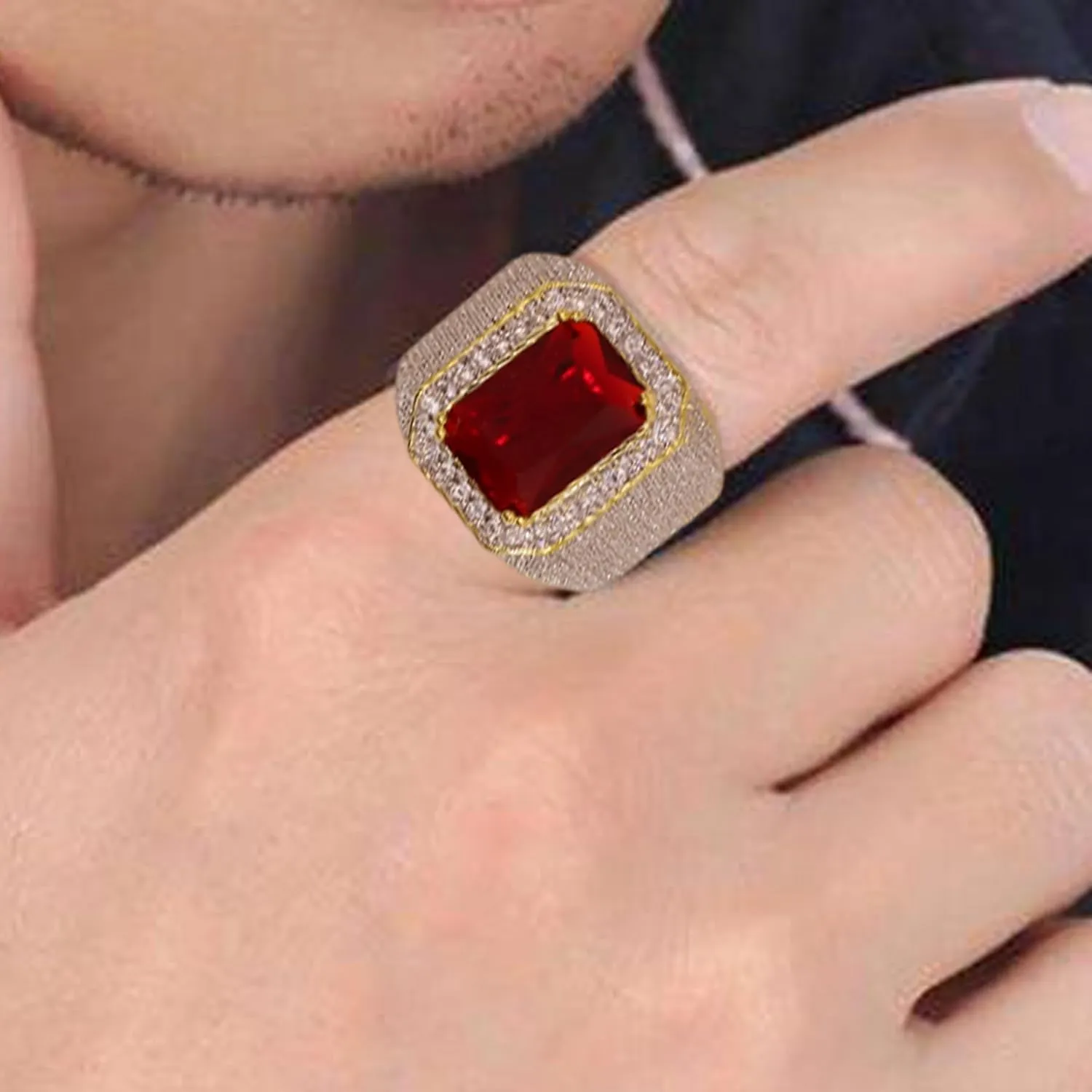 HSQYJ 14k Gold Rectangle Red Cubic Zirconia Anniversary Promise Cocktail Rings Luxury Crystal Zircon Wedding Statement Ring Fashion Jewelry for Men Gifts