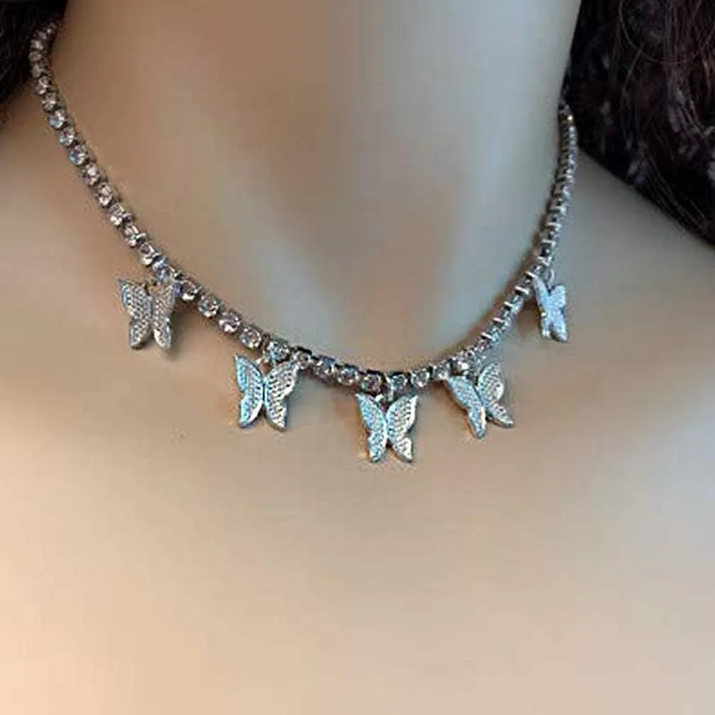HUASAI Butterfly Choker Necklaces for Women Tennis Butterfly Chain CZ Butterfly Necklace Silver