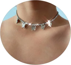 HUASAI Butterfly Choker Necklaces for Women Tennis Butterfly Chain CZ Butterfly Necklace Silver