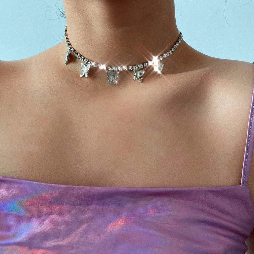HUASAI Butterfly Choker Necklaces for Women Tennis Butterfly Chain CZ Butterfly Necklace Silver