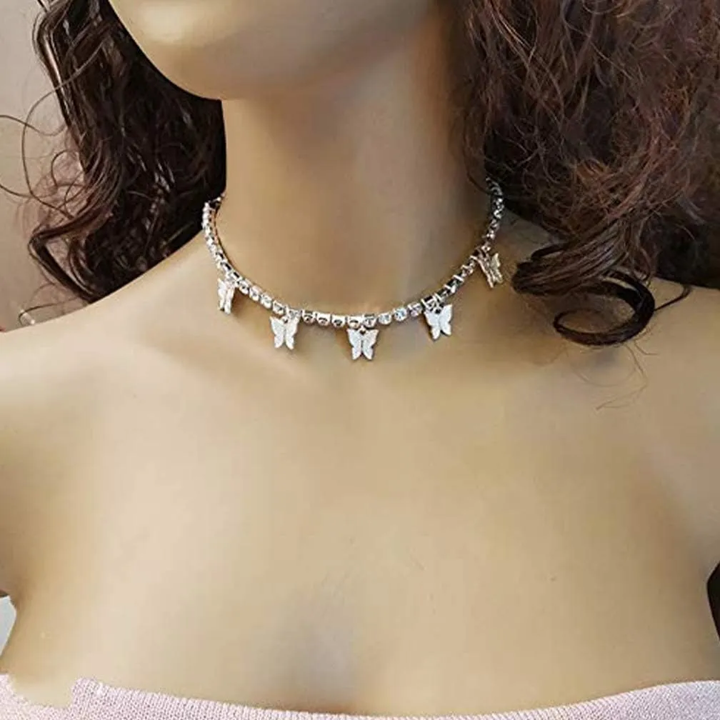 HUASAI Butterfly Choker Necklaces for Women Tennis Butterfly Chain CZ Butterfly Necklace Silver