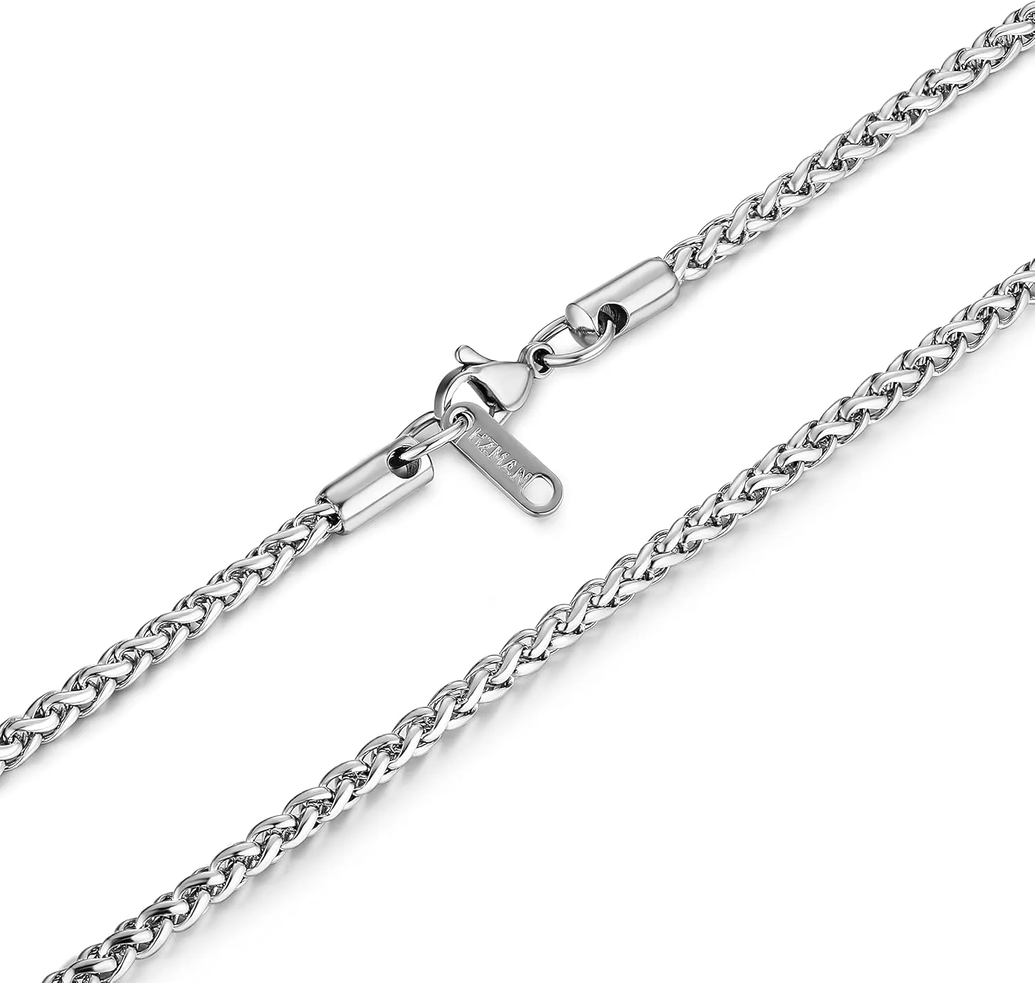 HZMAN 3.0 mm Stainless Steel Wheat Silver Chain Necklaces for Men & Women 16" -30"