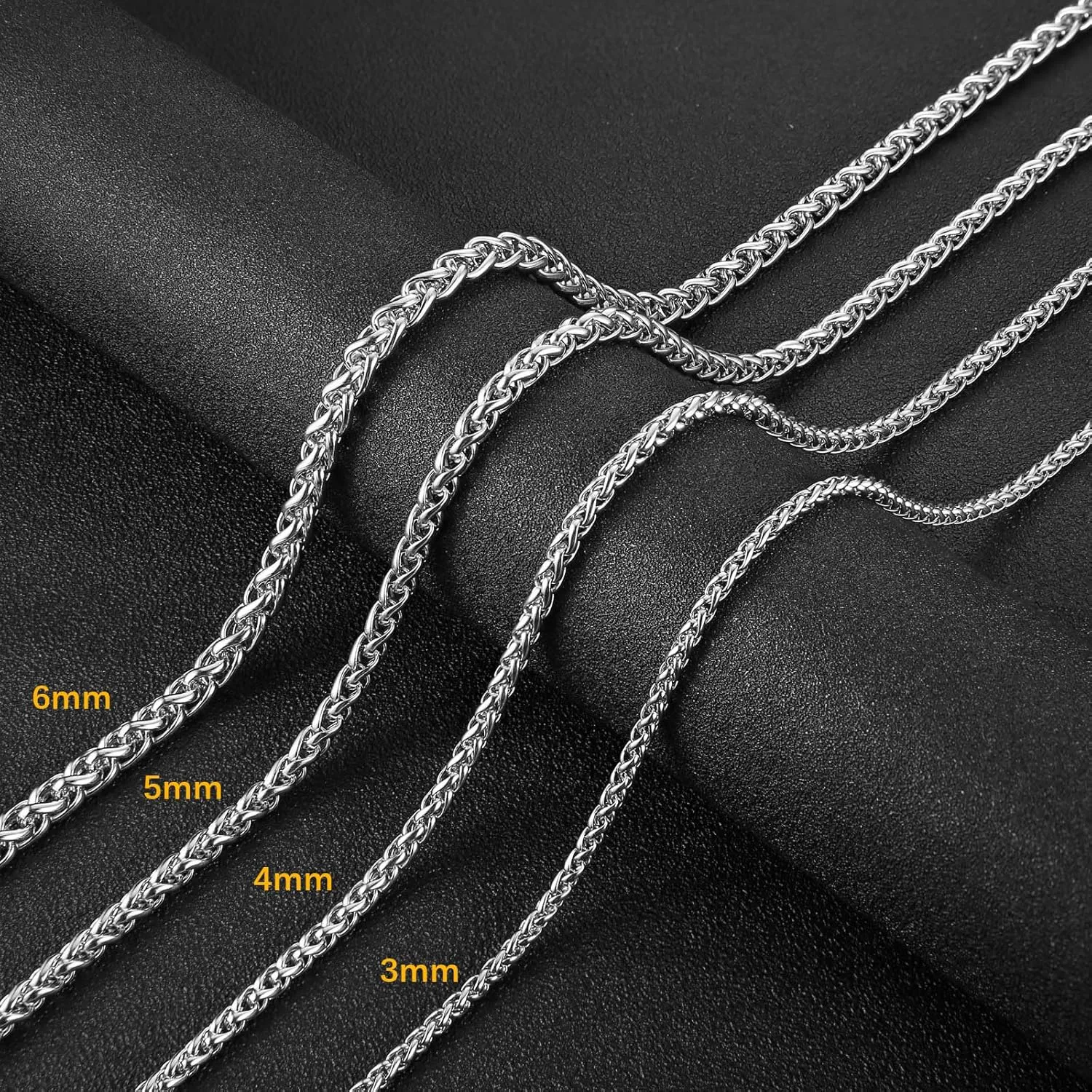 HZMAN 3.0 mm Stainless Steel Wheat Silver Chain Necklaces for Men & Women 16" -30"