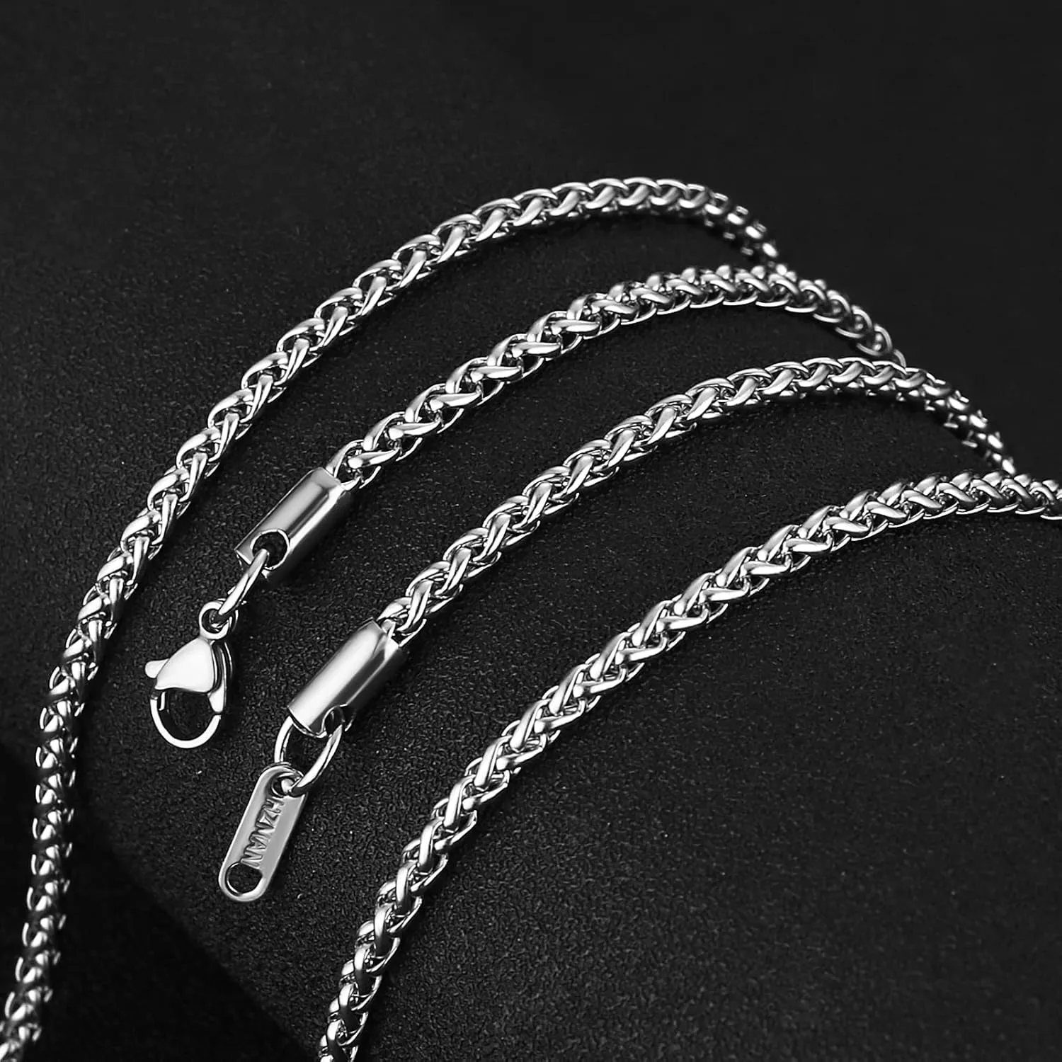 HZMAN 3.0 mm Stainless Steel Wheat Silver Chain Necklaces for Men & Women 16" -30"