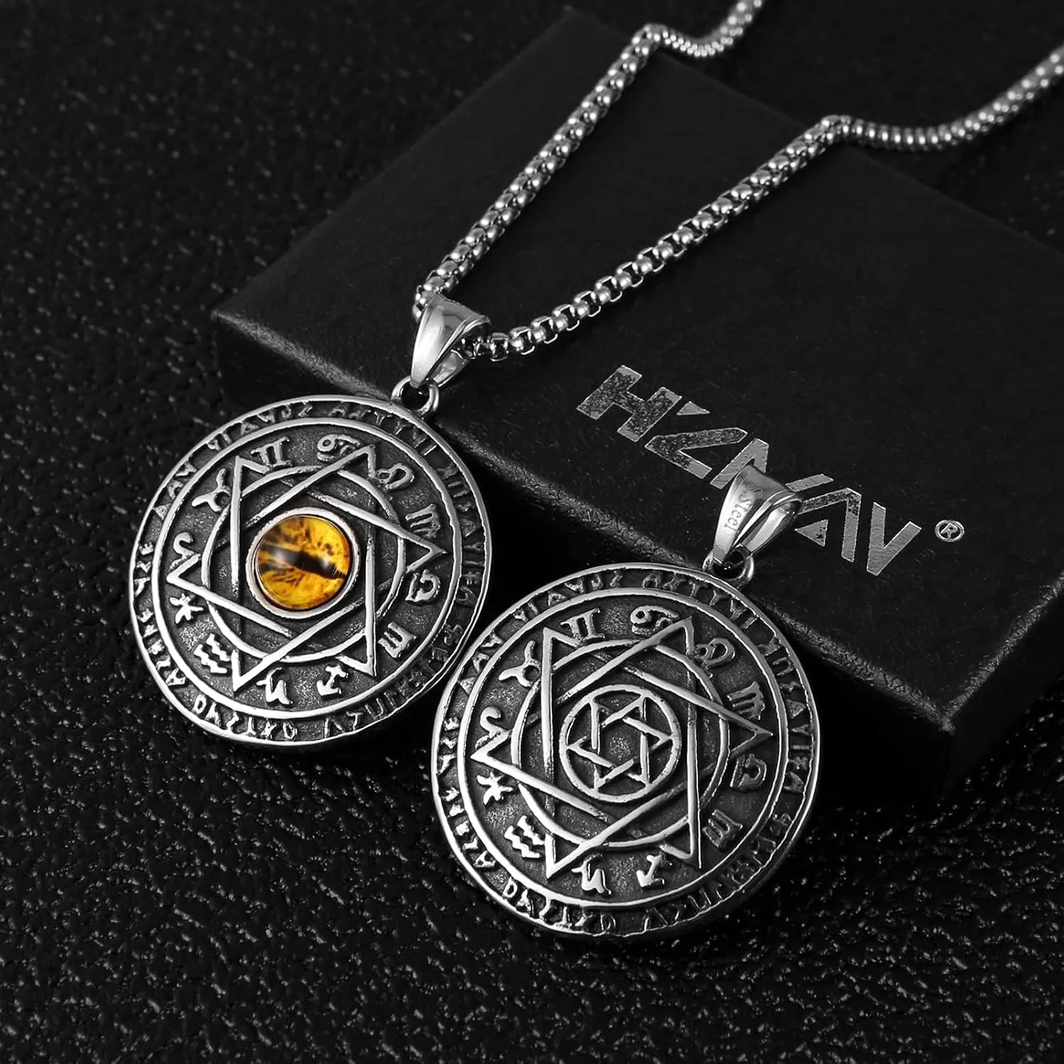 HZMAN Green Eyes Talisman Seal Solomon Six-pointed Star 12 Constellation Pendant Stainless Steel Necklaces