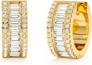 Iced CZ Huggie Trendy Elegant Hypoallergenic Chunky Yellow Gold Plated 925 Sterling Silver Brilliant Cubic Zirconia Thick Baguette Hoop Earrings For Men Women