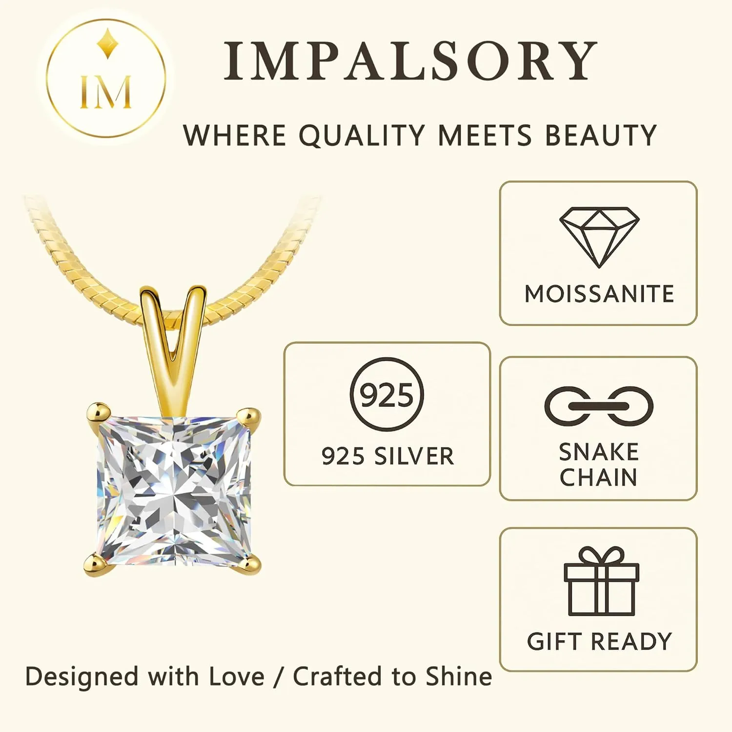 Impalsory Moissanite Pendant Necklace for Women, Princess Cut Solitaire Necklace, Sterling Silver with 18K Gold Plated Snake Chain