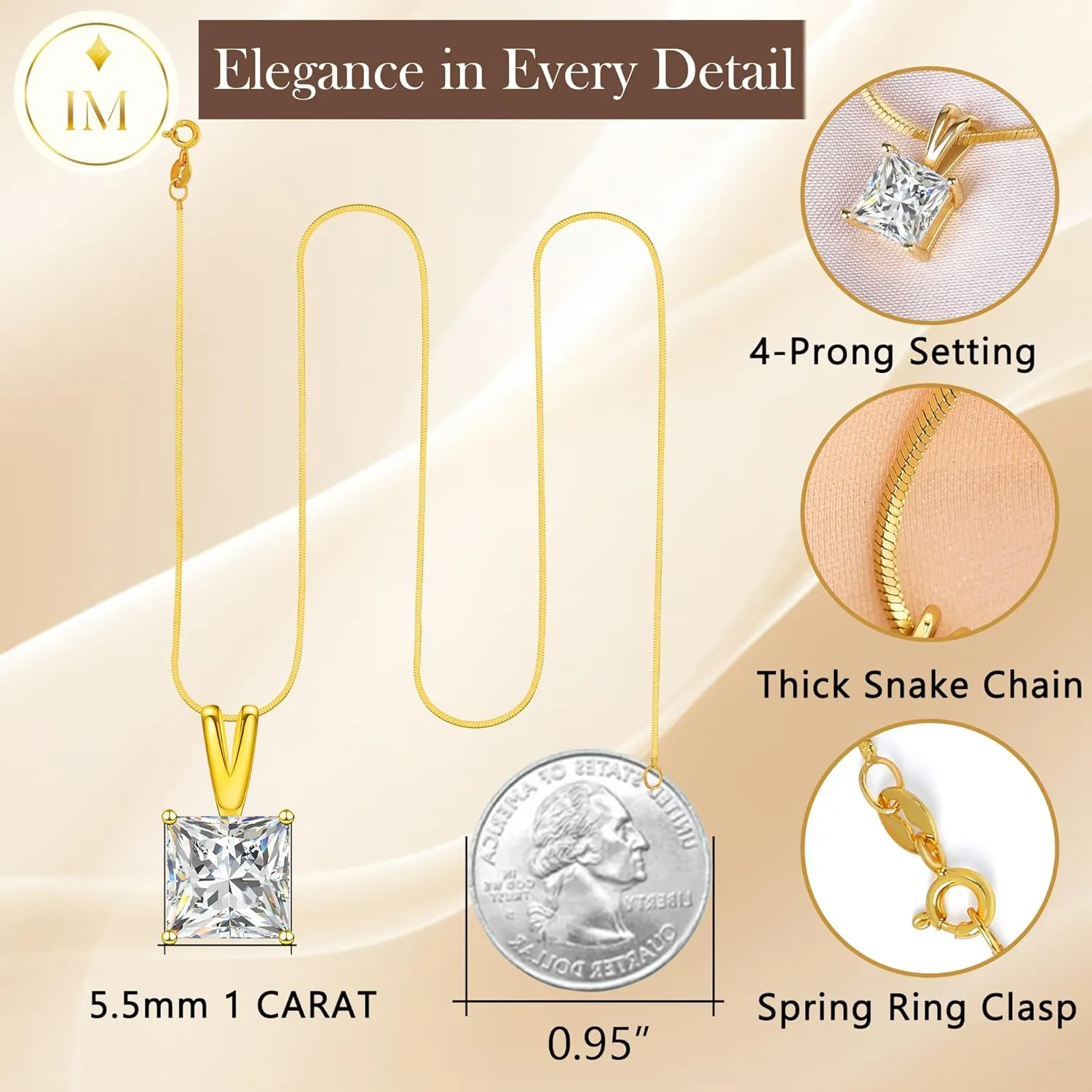 Impalsory Moissanite Pendant Necklace for Women, Princess Cut Solitaire Necklace, Sterling Silver with 18K Gold Plated Snake Chain