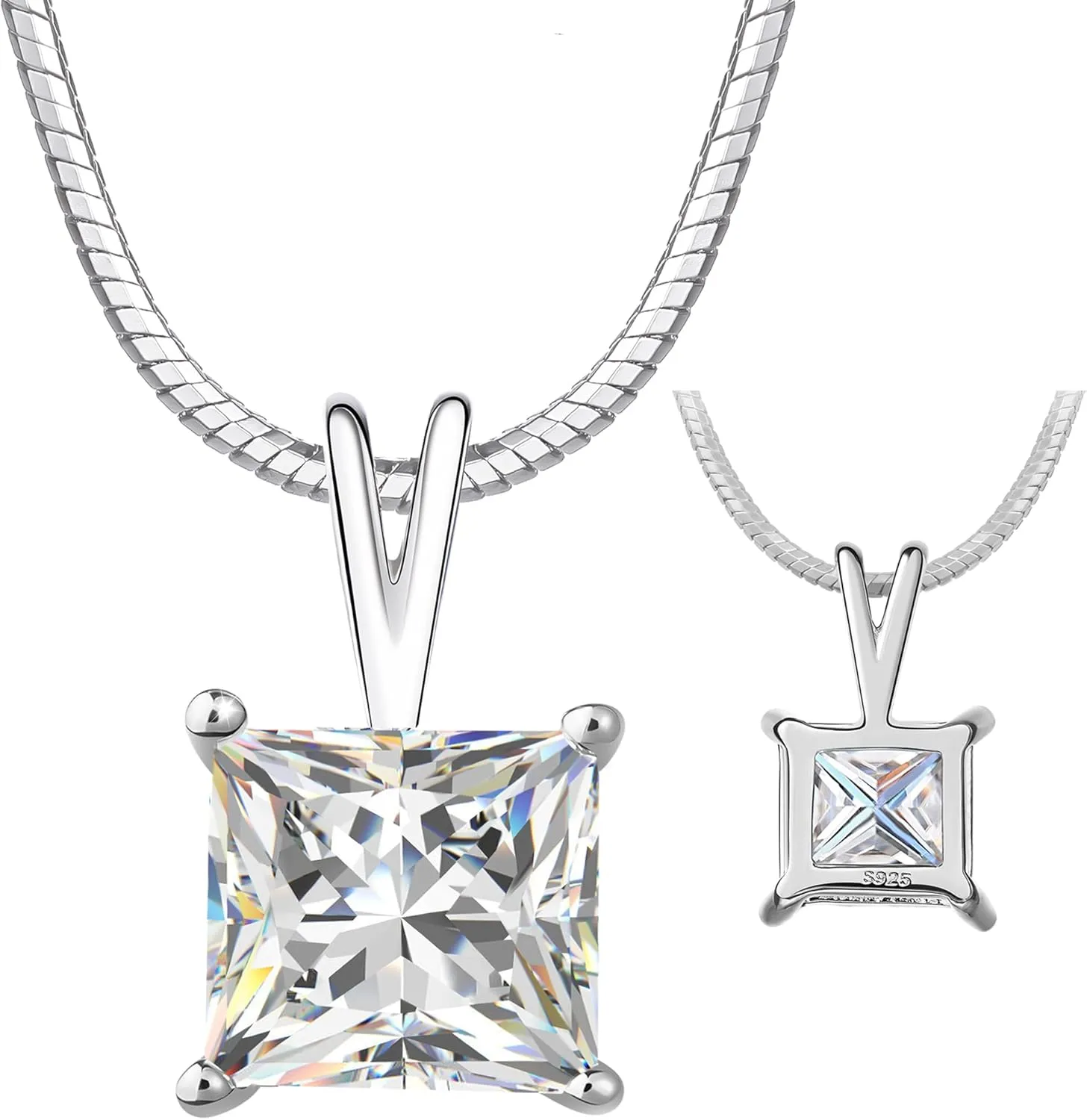 Impalsory Moissanite Pendant Necklace for Women, Princess Cut Solitaire Necklace, Sterling Silver with 18K Gold Plated Snake Chain