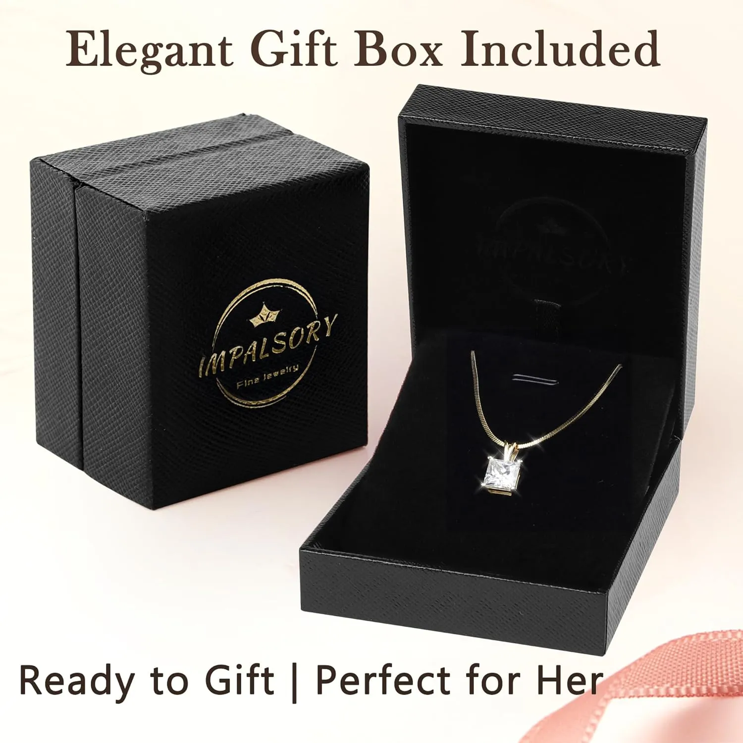 Impalsory Moissanite Pendant Necklace for Women, Princess Cut Solitaire Necklace, Sterling Silver with 18K Gold Plated Snake Chain