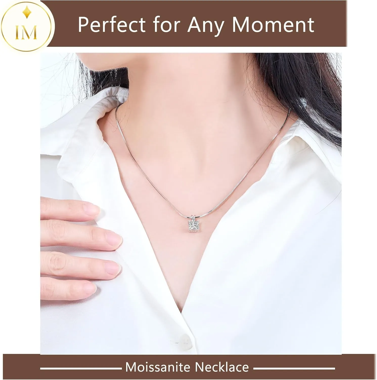 Impalsory Moissanite Pendant Necklace for Women, Princess Cut Solitaire Necklace, Sterling Silver with 18K Gold Plated Snake Chain