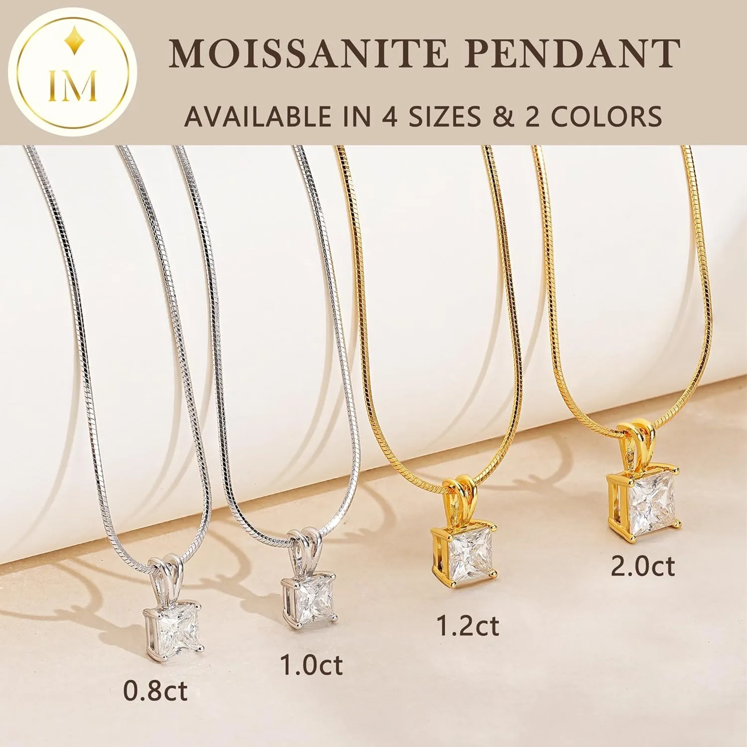 Impalsory Moissanite Pendant Necklace for Women, Princess Cut Solitaire Necklace, Sterling Silver with 18K Gold Plated Snake Chain