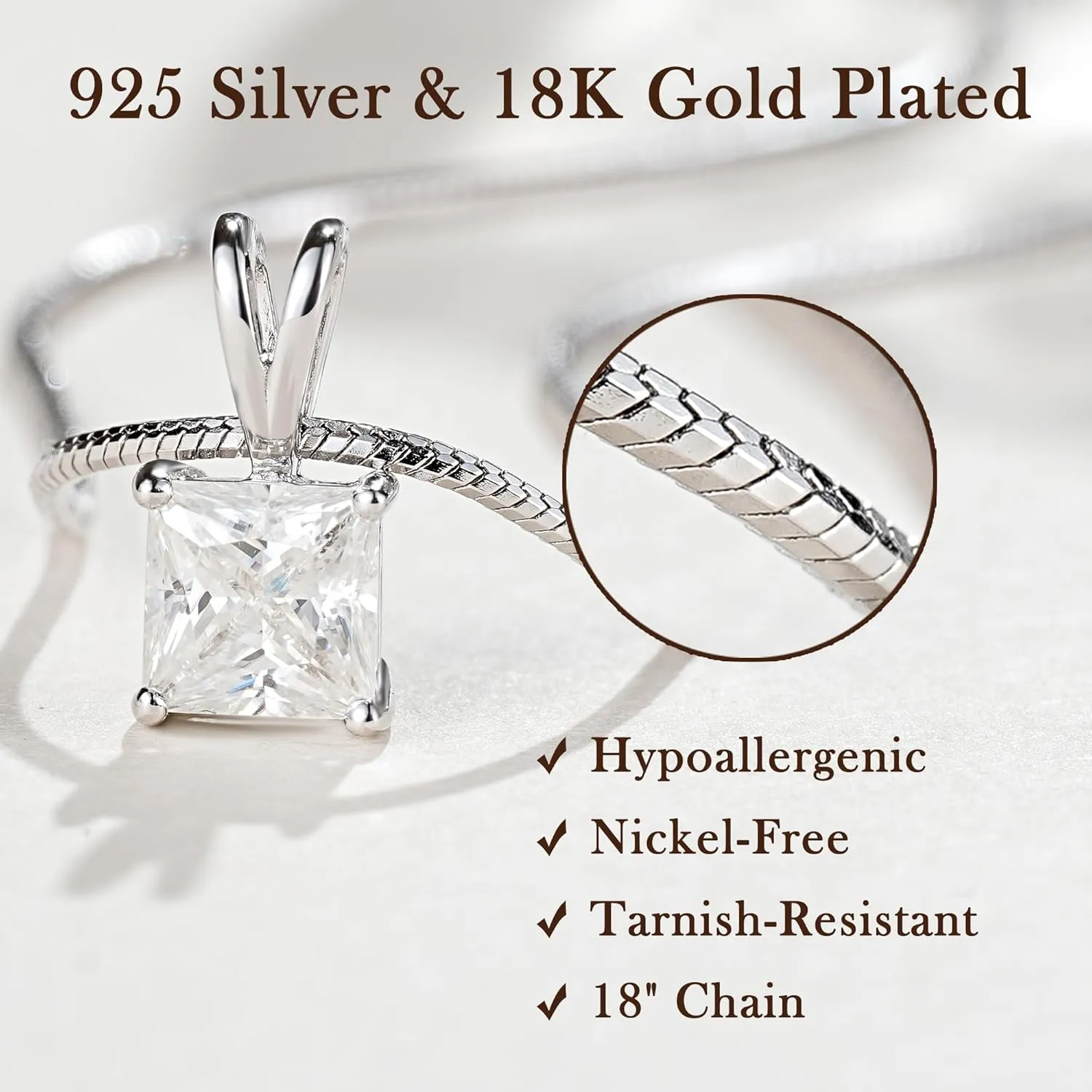 Impalsory Moissanite Pendant Necklace for Women, Princess Cut Solitaire Necklace, Sterling Silver with 18K Gold Plated Snake Chain