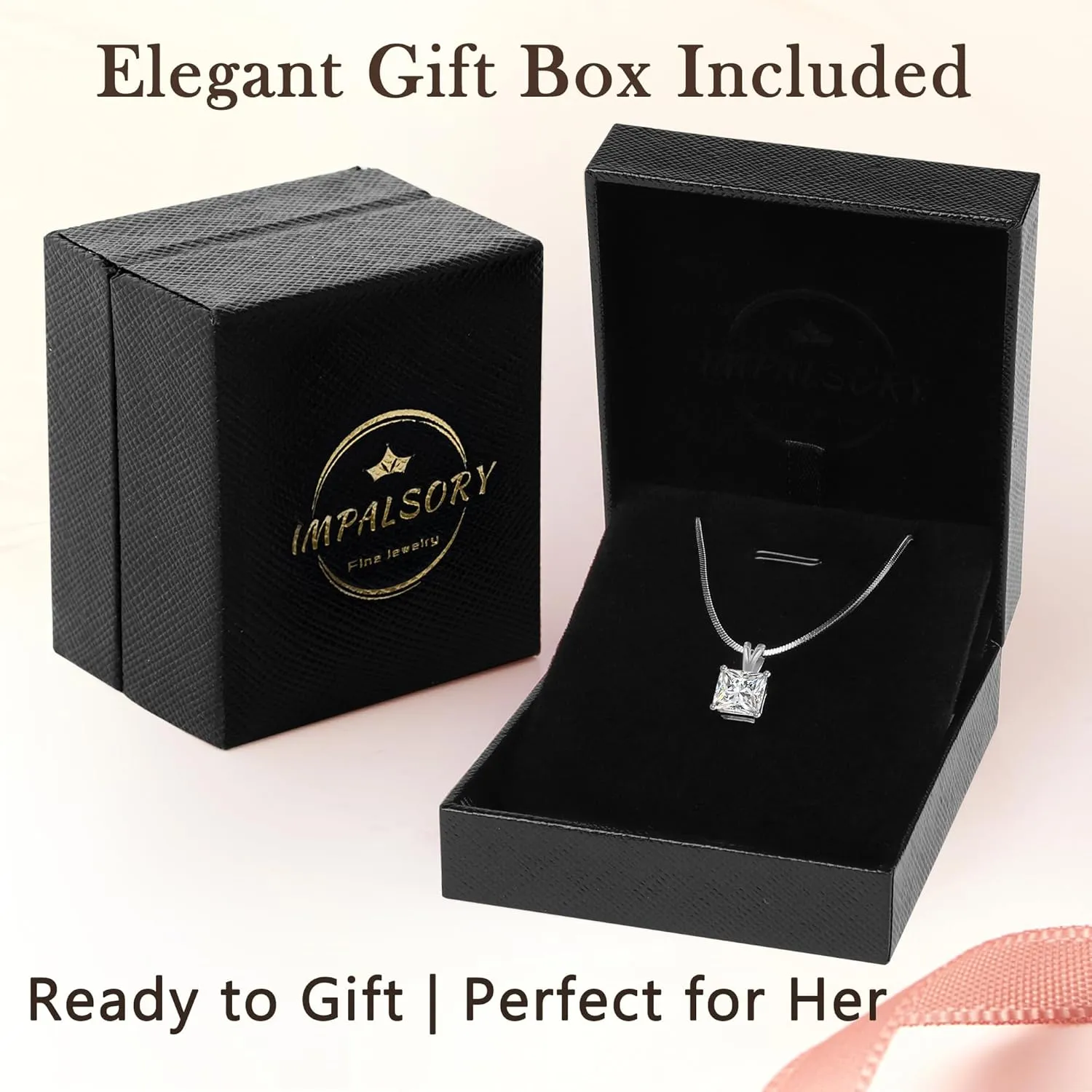 Impalsory Moissanite Pendant Necklace for Women, Princess Cut Solitaire Necklace, Sterling Silver with 18K Gold Plated Snake Chain