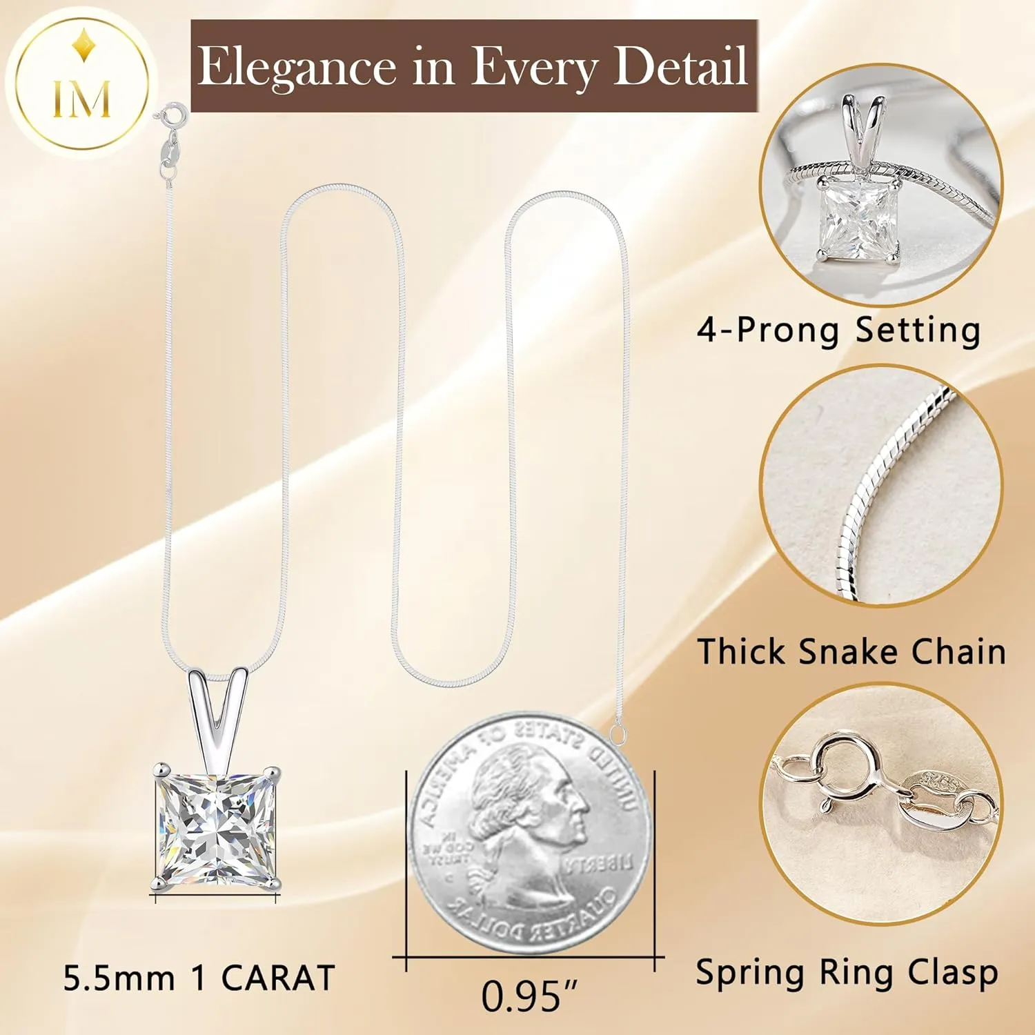 Impalsory Moissanite Pendant Necklace for Women, Princess Cut Solitaire Necklace, Sterling Silver with 18K Gold Plated Snake Chain