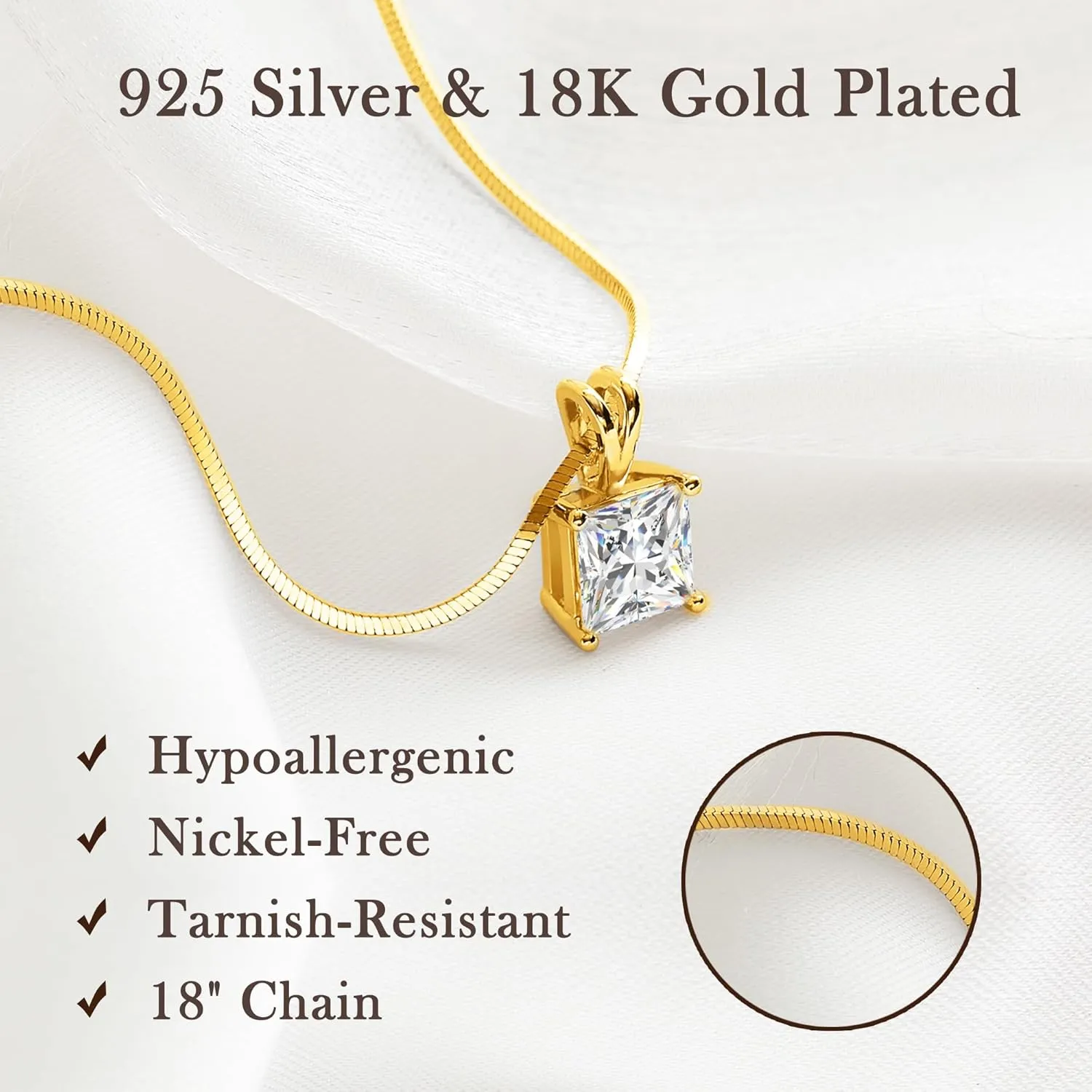 Impalsory Moissanite Pendant Necklace for Women, Princess Cut Solitaire Necklace, Sterling Silver with 18K Gold Plated Snake Chain