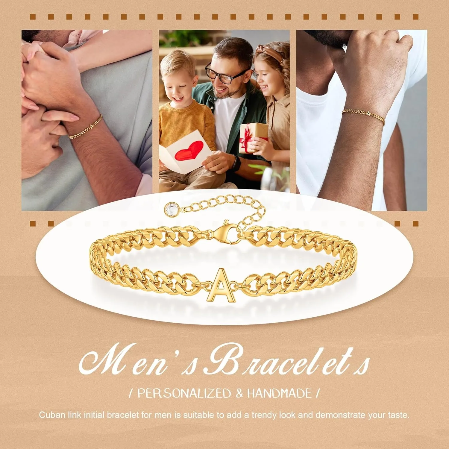 Initial Bracelet for Men - Gold Silver Cuban Link Chain Adjustable Initial Bracelet for Mens Jewelry, Unique Gifts for Men Husband Dad Father
