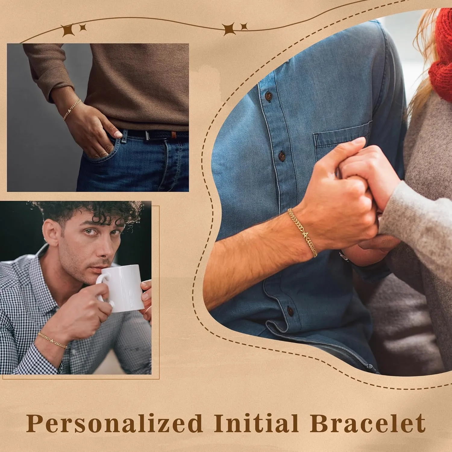 Initial Bracelet for Men - Gold Silver Cuban Link Chain Adjustable Initial Bracelet for Mens Jewelry, Unique Gifts for Men Husband Dad Father
