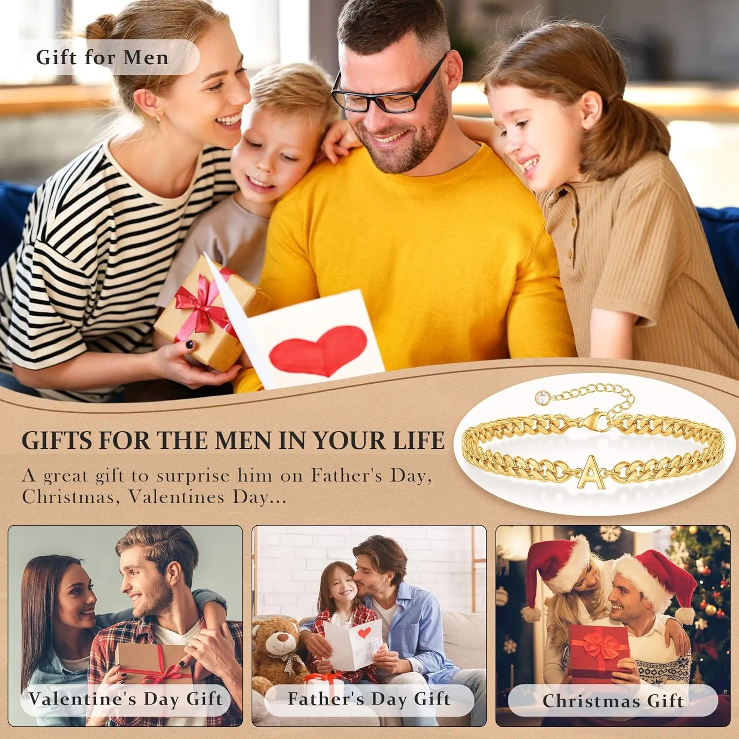 Initial Bracelet for Men - Gold Silver Cuban Link Chain Adjustable Initial Bracelet for Mens Jewelry, Unique Gifts for Men Husband Dad Father