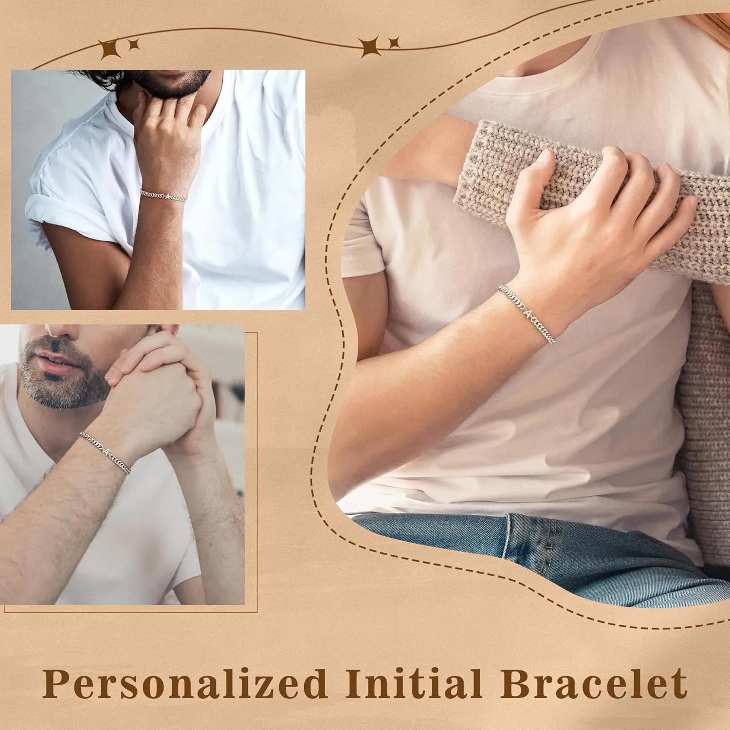 Initial Bracelet for Men - Gold Silver Cuban Link Chain Adjustable Initial Bracelet for Mens Jewelry, Unique Gifts for Men Husband Dad Father