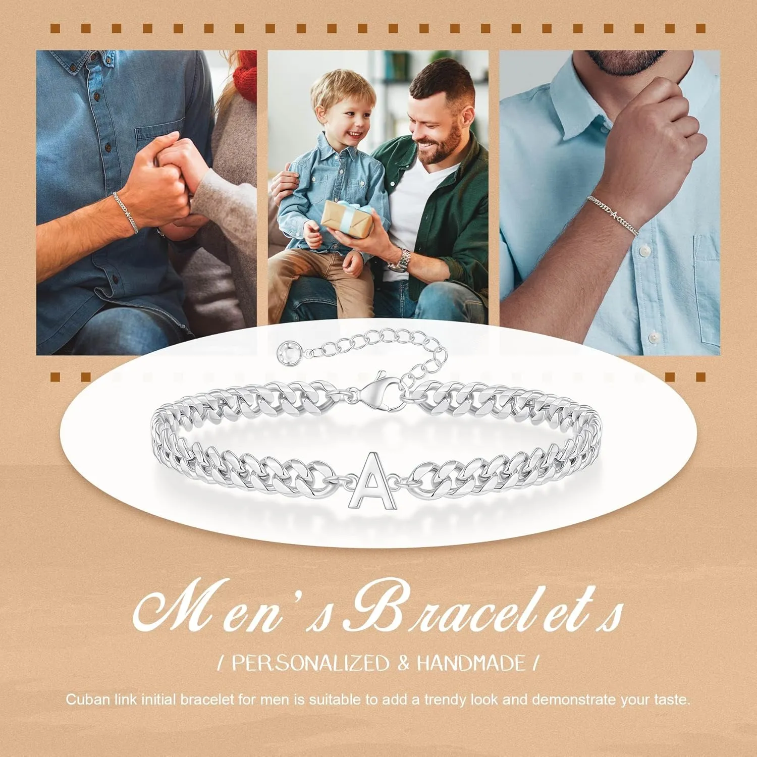 Initial Bracelet for Men - Gold Silver Cuban Link Chain Adjustable Initial Bracelet for Mens Jewelry, Unique Gifts for Men Husband Dad Father