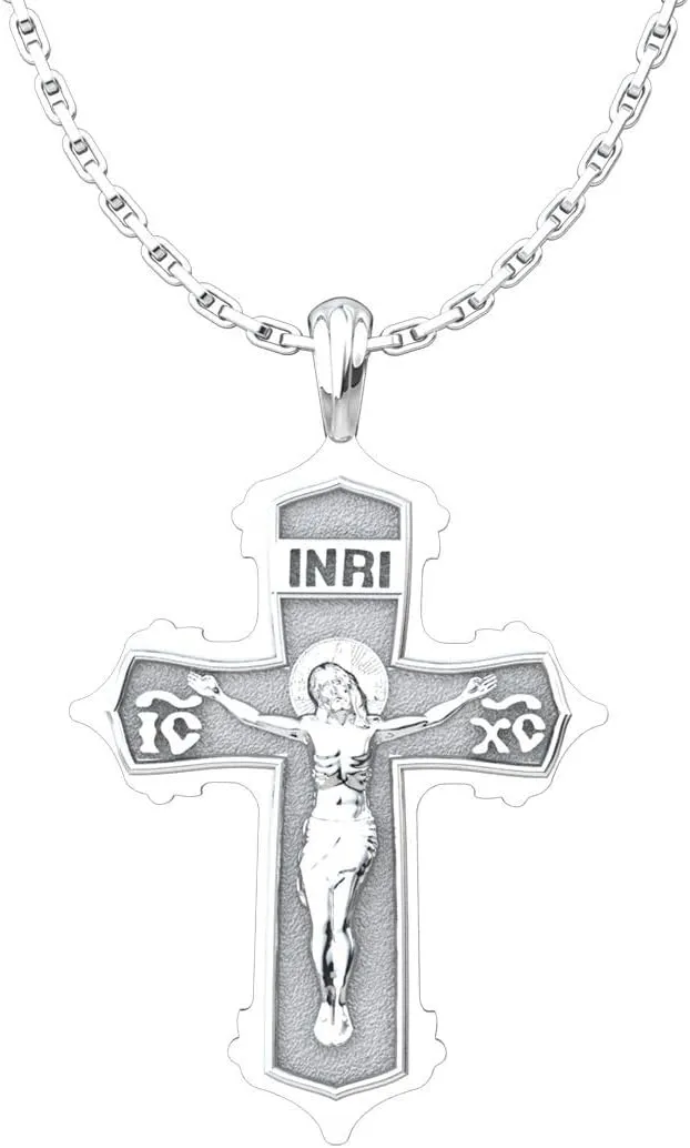 INRI Crucifix Cross Pendant Necklace, Jesus Christ Conquers 925 Sterling Silver Jewelry for Men and Women, Greek Orthodox Baptismal Cross with 18" Chain