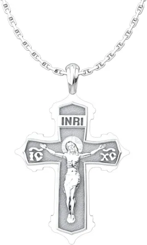 INRI Crucifix Cross Pendant Necklace, Jesus Christ Conquers 925 Sterling Silver Jewelry for Men and Women, Greek Orthodox Baptismal Cross with 18" Chain