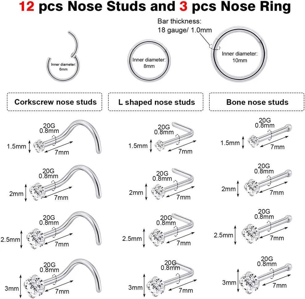 intera Hypoallergenic 20G 18G Nose Rings Stud for Women Men Surgical Steel Nose Piercing Jewelry Gold Silver Rose Gold Nose Earrings