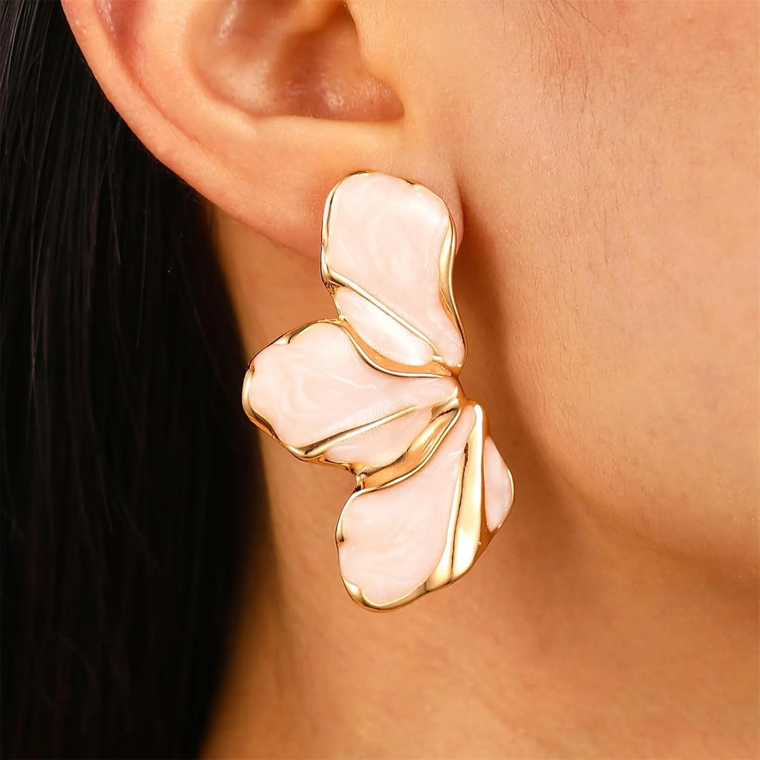 Irregular Flower Earrings Gold Plated Unique Charm Enamel Pink Large Petal Flowers Geometric Chic Stud Earrings for Women Boho Summer Spring Holiday Wedding Bridal Party Trendy Jewelry Gifts