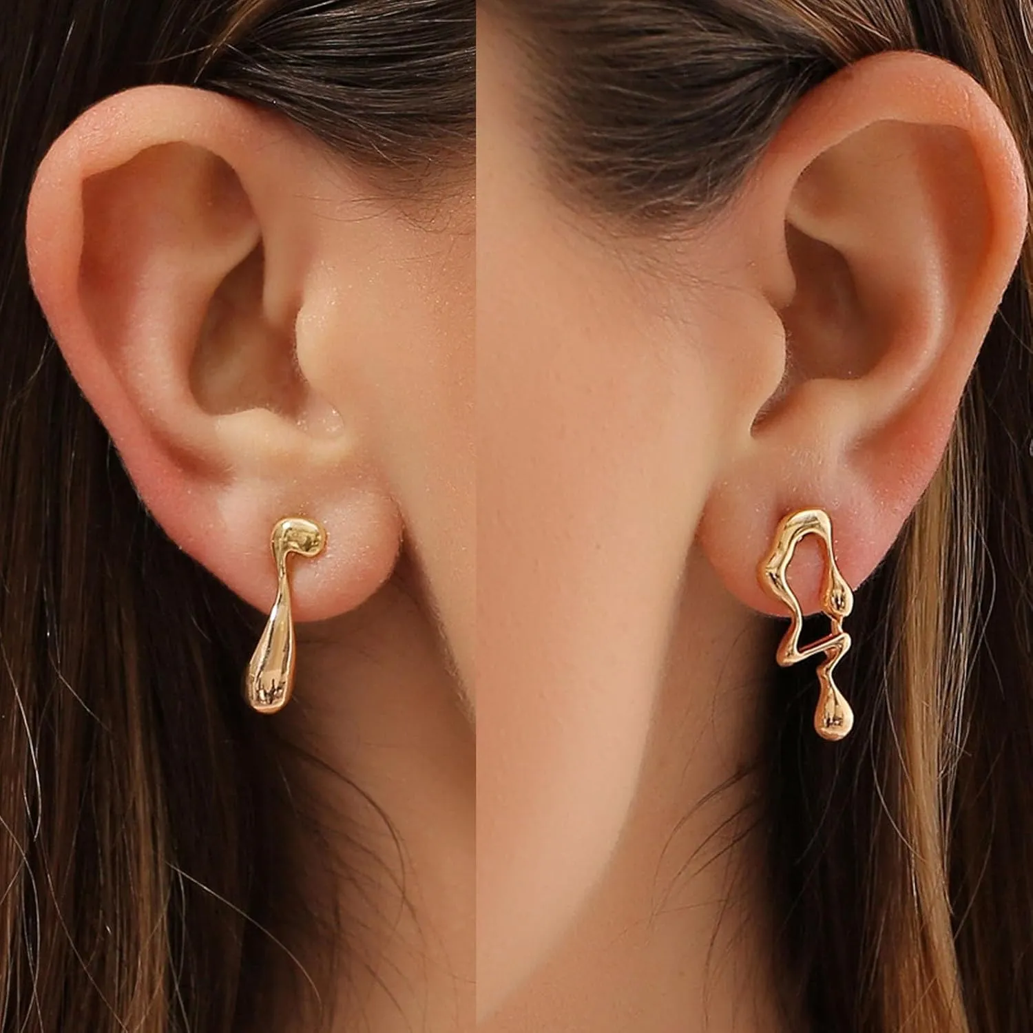 Irregular Waterdrop Earrings,Vintage Exaggerated Melting Liquid Asymmetrical Drop Earrings Gold Statement Earrings for Women
