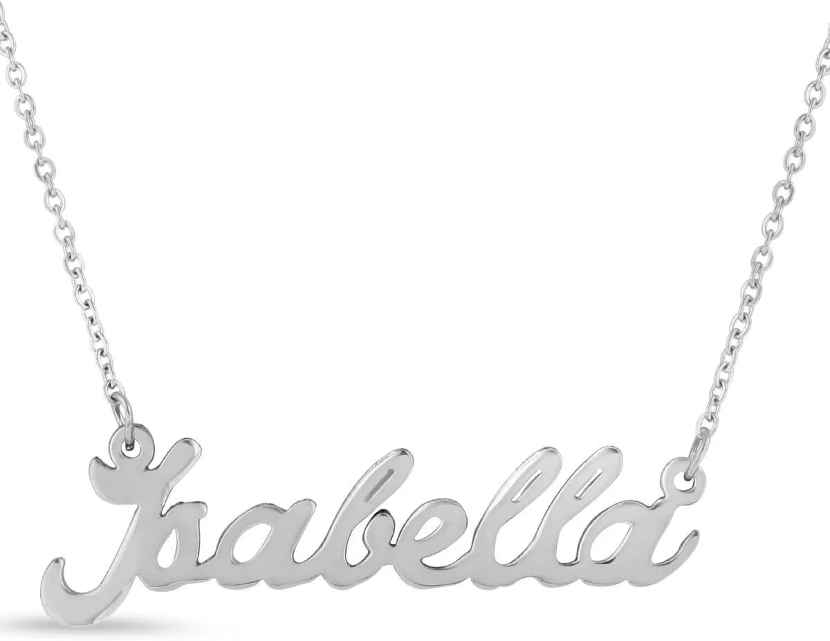 Isabella Name Necklace In Silver Tone On 18 Inch Chain, Custom Name Plate Pendant for Women Personalized Name Necklace in 18 Inch Chain.