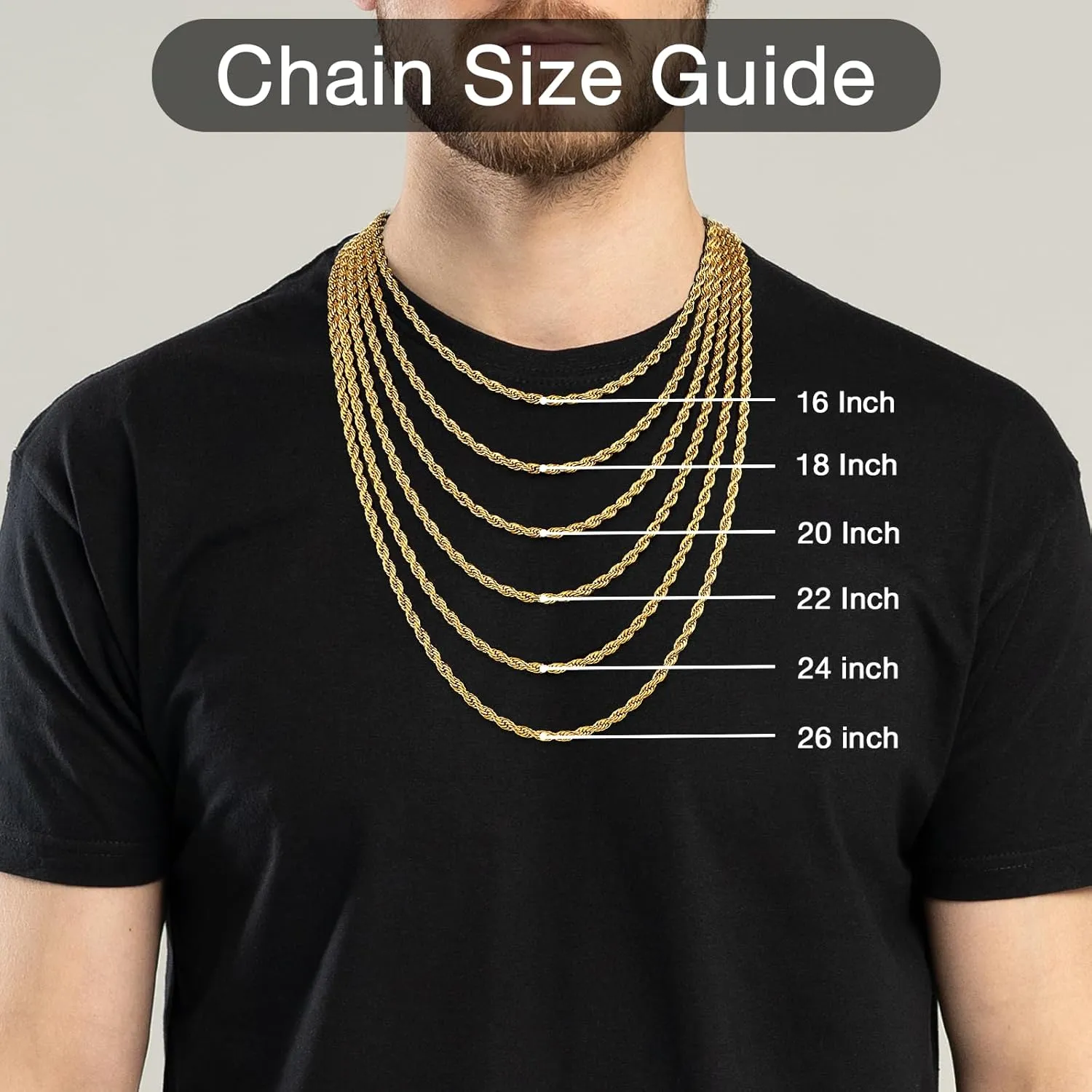 Italian 14k Gold Plated Rope Chain for Men, 3mm/4mm Stainless Steel Necklace for Men, Sturdy & Non Tarnish Rope Chain Necklaces, Mens Jewelry Gift 16 18 20 22 24 26 Inch