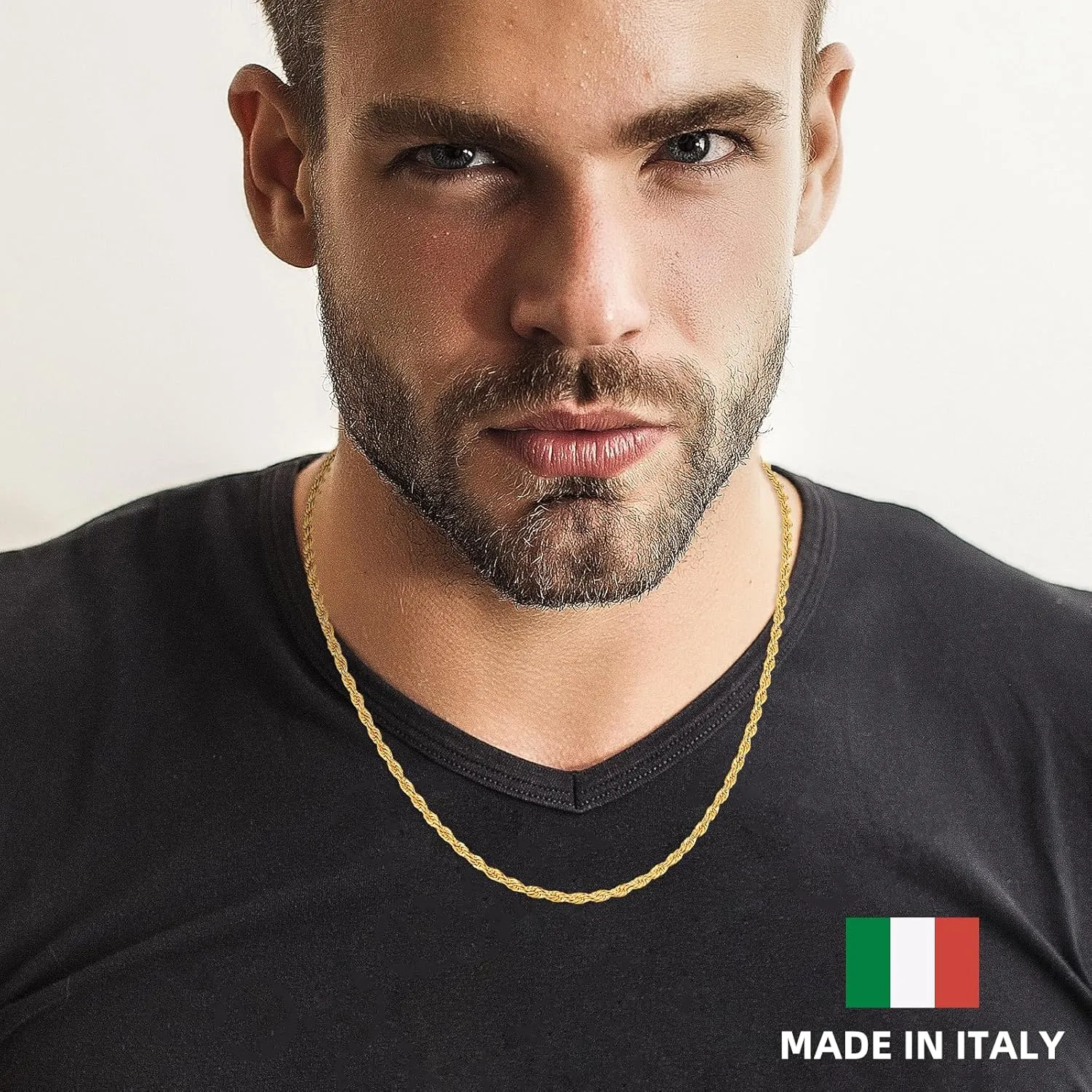 Italian 14k Gold Plated Rope Chain for Men, 3mm/4mm Stainless Steel Necklace for Men, Sturdy & Non Tarnish Rope Chain Necklaces, Mens Jewelry Gift 16 18 20 22 24 26 Inch