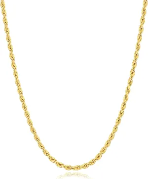 Italian 14k Gold Plated Rope Chain for Men, 3mm/4mm Stainless Steel Necklace for Men, Sturdy & Non Tarnish Rope Chain Necklaces, Mens Jewelry Gift 16 18 20 22 24 26 Inch