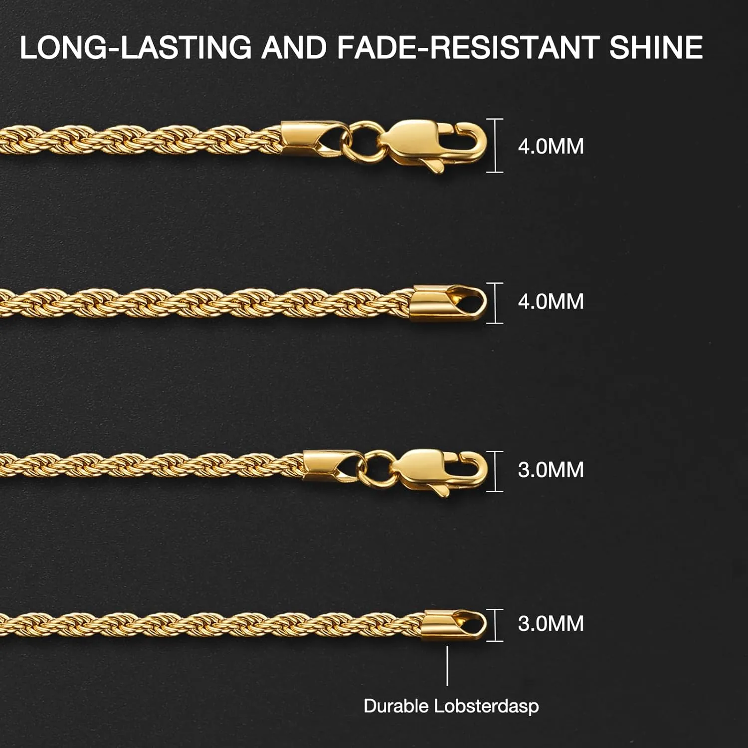 Italian 14k Gold Plated Rope Chain for Men, 3mm/4mm Stainless Steel Necklace for Men, Sturdy & Non Tarnish Rope Chain Necklaces, Mens Jewelry Gift 16 18 20 22 24 26 Inch