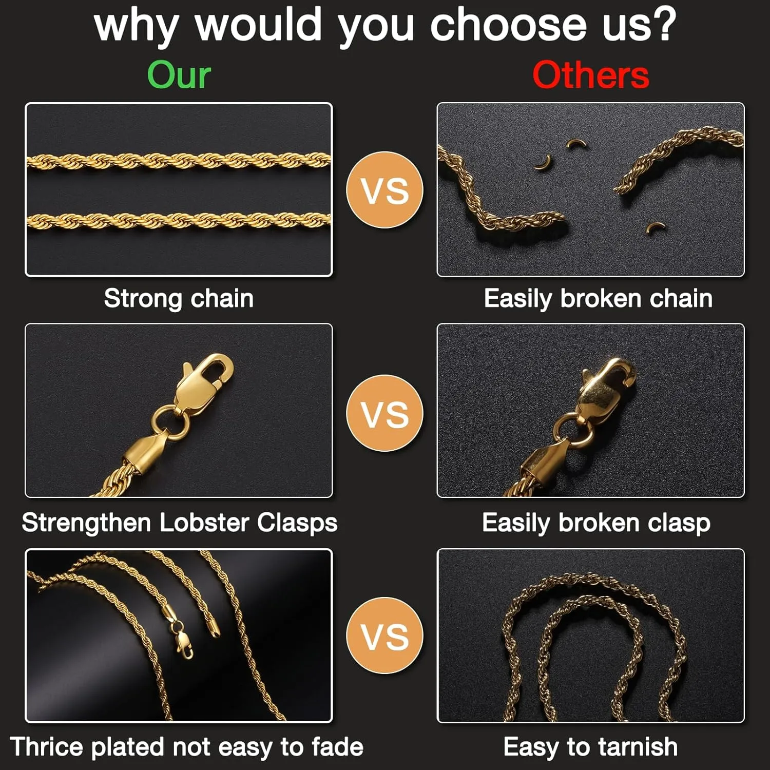 Italian 14k Gold Plated Rope Chain for Men, 3mm/4mm Stainless Steel Necklace for Men, Sturdy & Non Tarnish Rope Chain Necklaces, Mens Jewelry Gift 16 18 20 22 24 26 Inch