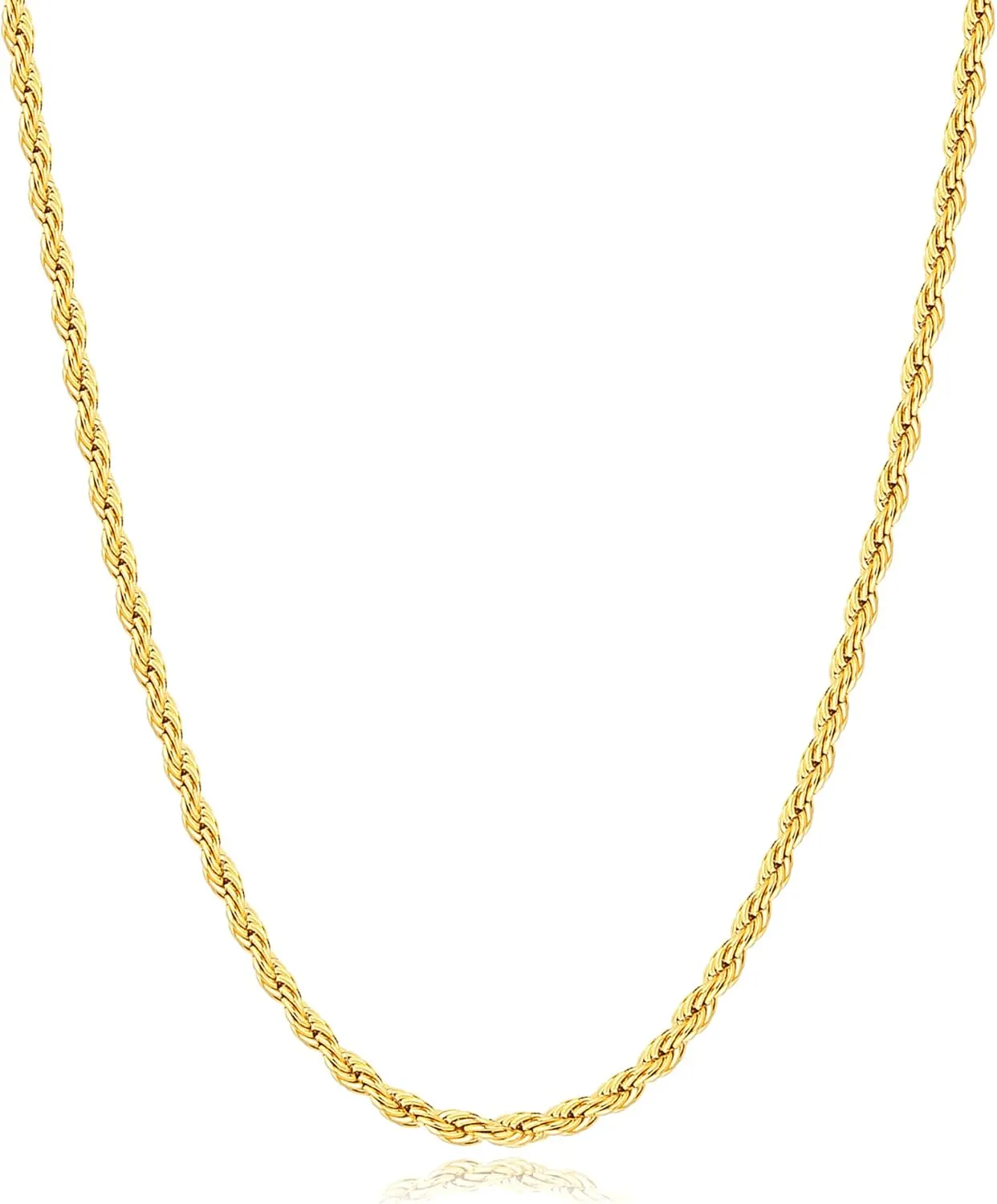 Italian 14k Gold Plated Rope Chain for Men, 3mm/4mm Stainless Steel Necklace for Men, Sturdy & Non Tarnish Rope Chain Necklaces, Mens Jewelry Gift 16 18 20 22 24 26 Inch
