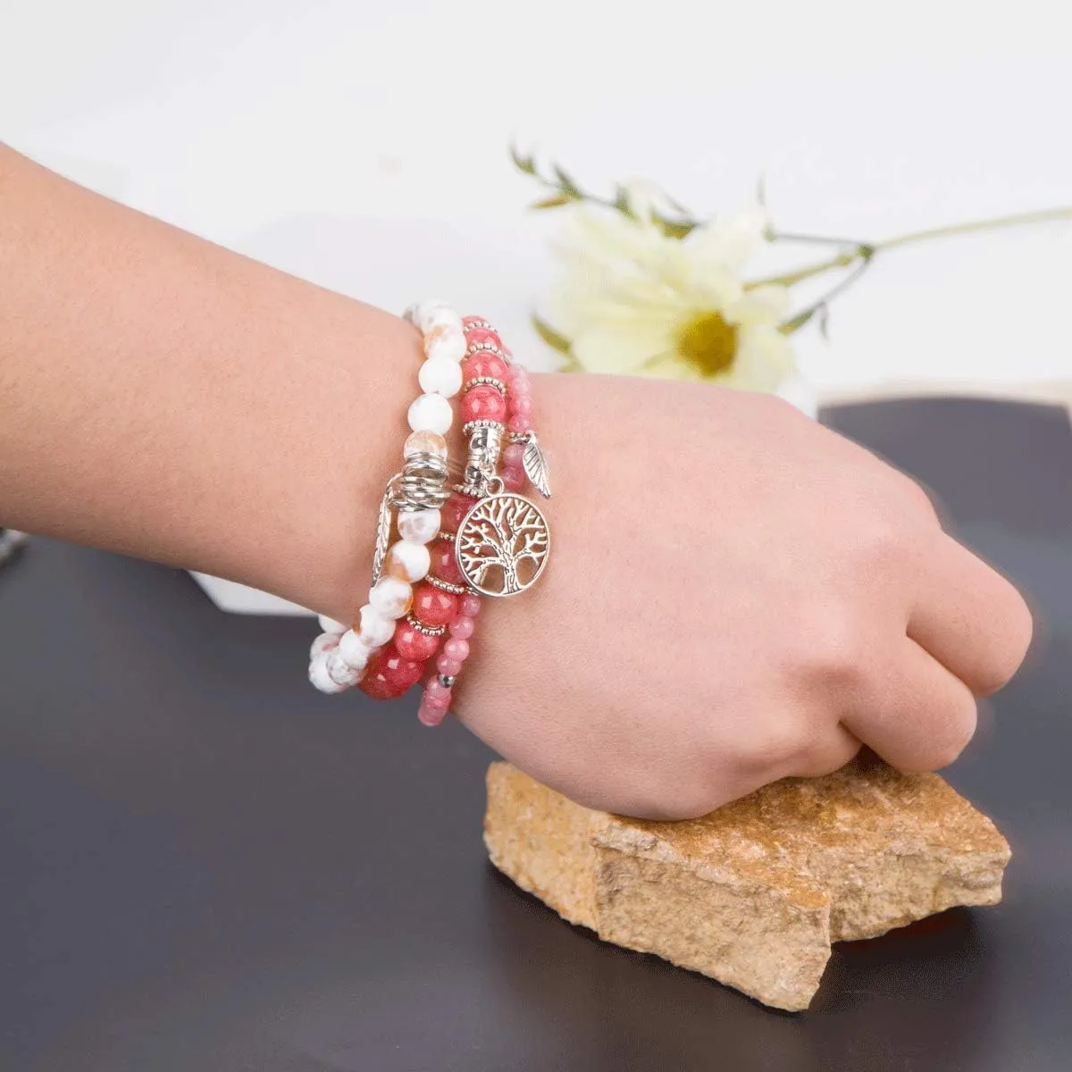 Jardme Beaded Bracelets for Women, Healing Stone Crystal Bracelets Tree of Life Bracelet Yoga Stretch Chakra Bracelet Set Jewelry Gifts