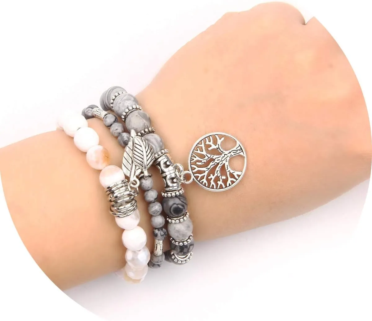 Jardme Beaded Bracelets for Women, Healing Stone Crystal Bracelets Tree of Life Bracelet Yoga Stretch Chakra Bracelet Set Jewelry Gifts