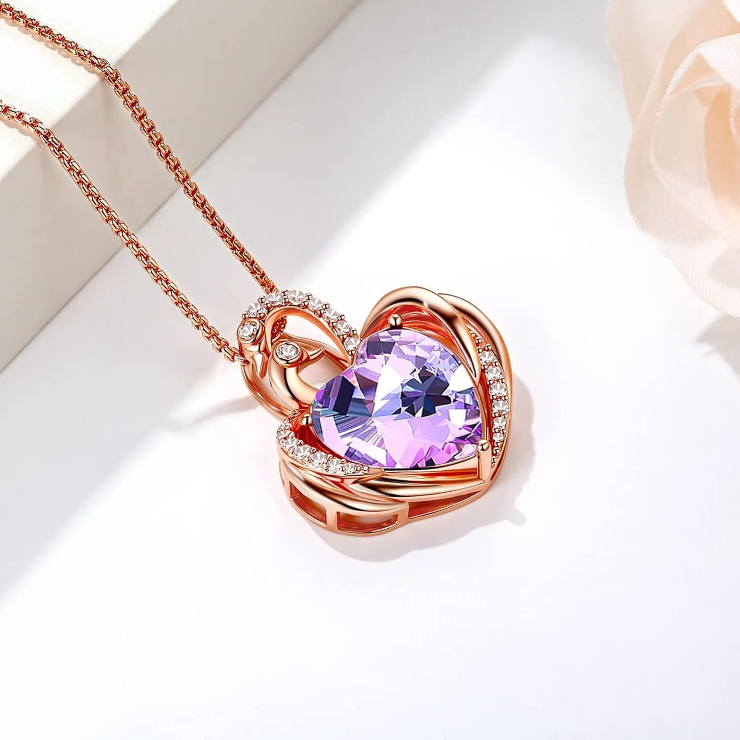 JD & P Swan Necklace for Women, Silver/Gold Plated Heart Crystal Birthstone Pendant Necklace, Gift Ideal for Wife Girlfriend Mom