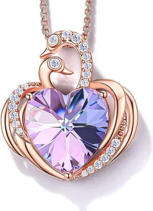 JD & P Swan Necklace for Women, Silver/Gold Plated Heart Crystal Birthstone Pendant Necklace, Gift Ideal for Wife Girlfriend Mom