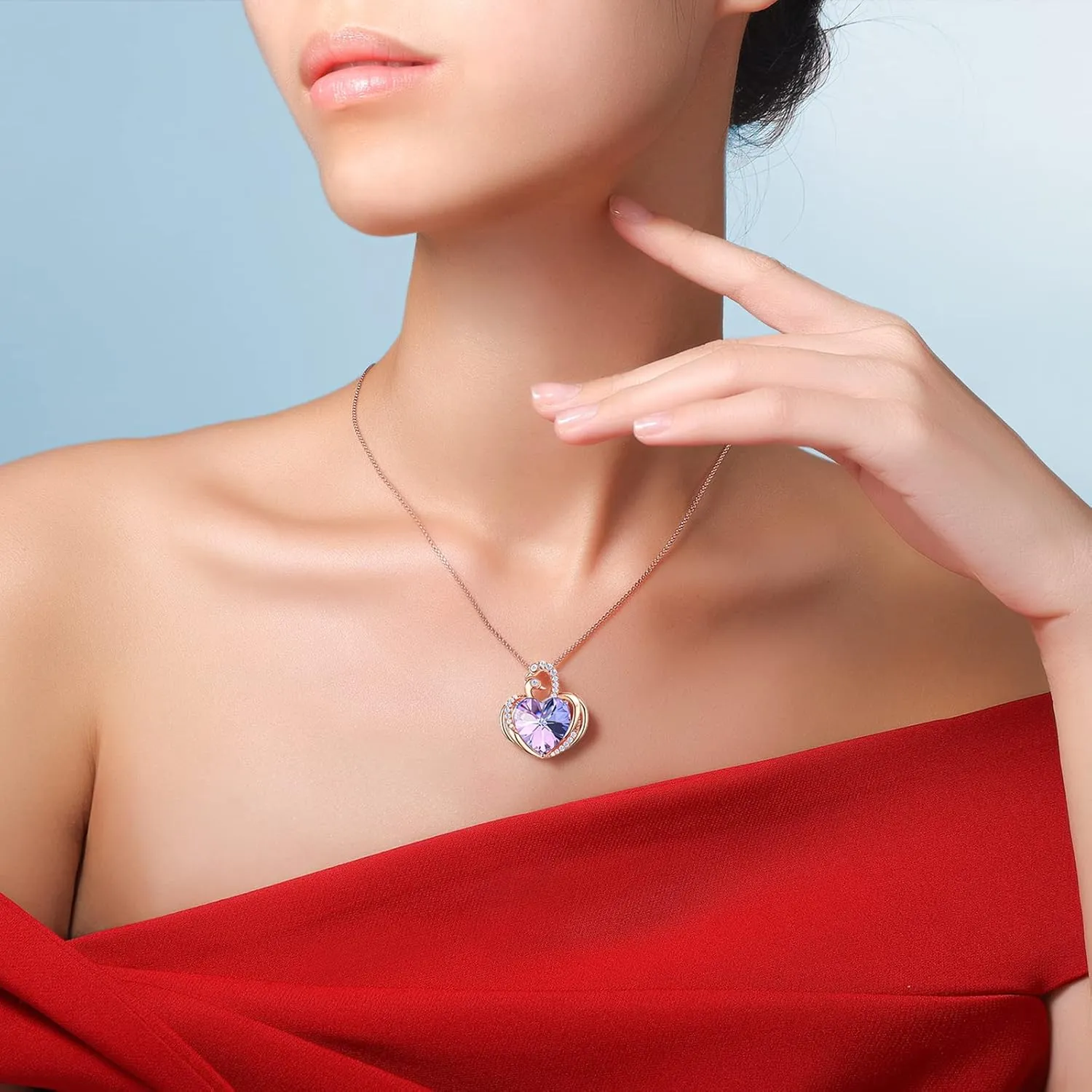 JD & P Swan Necklace for Women, Silver/Gold Plated Heart Crystal Birthstone Pendant Necklace, Gift Ideal for Wife Girlfriend Mom