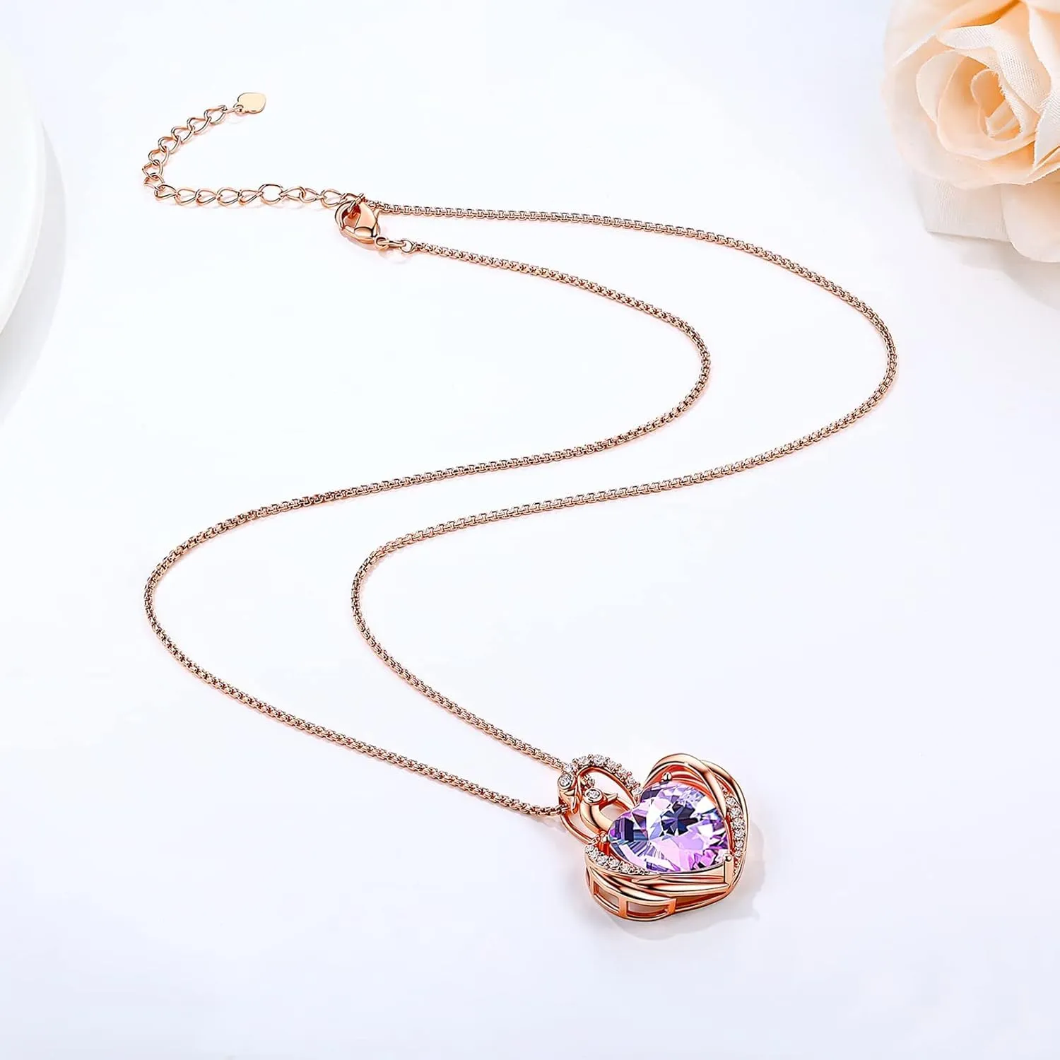 JD & P Swan Necklace for Women, Silver/Gold Plated Heart Crystal Birthstone Pendant Necklace, Gift Ideal for Wife Girlfriend Mom